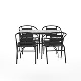 English Elm Commercial Grade 5 Piece Commercial Outdoor Patio Dining Set with 47" Tempered Glass Patio Table with Umbrella Hole and 4 Triple Slat Chairs