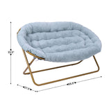 English Elm 56" Portable Folding Double Saucer Chair in Dusty Aqua Faux Fur with a Soft Gold Steel Frame for Dorm, Living Room, or Bedroom