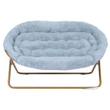 English Elm 56" Portable Folding Double Saucer Chair in Dusty Aqua Faux Fur with a Soft Gold Steel Frame for Dorm, Living Room, or Bedroom