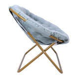 English Elm 56" Portable Folding Double Saucer Chair in Dusty Aqua Faux Fur with a Soft Gold Steel Frame for Dorm, Living Room, or Bedroom