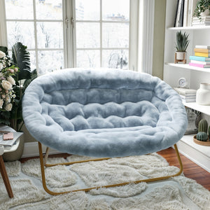 English Elm 56" Portable Folding Double Saucer Chair in Dusty Aqua Faux Fur with a Soft Gold Steel Frame for Dorm, Living Room, or Bedroom