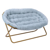 English Elm 56" Portable Folding Double Saucer Chair in Dusty Aqua Faux Fur with a Soft Gold Steel Frame for Dorm, Living Room, or Bedroom