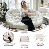 English Elm 56" Portable Folding Double Saucer Chair in Ivory Faux Shearling with a Soft Gold Steel Frame for Dorm, Living Room, or Bedroom