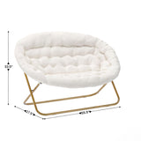 English Elm 56" Portable Folding Double Saucer Chair in Ivory Faux Shearling with a Soft Gold Steel Frame for Dorm, Living Room, or Bedroom