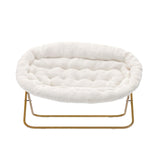 English Elm 56" Portable Folding Double Saucer Chair in Ivory Faux Shearling with a Soft Gold Steel Frame for Dorm, Living Room, or Bedroom