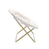 English Elm 56" Portable Folding Double Saucer Chair in Ivory Faux Shearling with a Soft Gold Steel Frame for Dorm, Living Room, or Bedroom