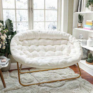 English Elm 56" Portable Folding Double Saucer Chair in Ivory Faux Shearling with a Soft Gold Steel Frame for Dorm, Living Room, or Bedroom