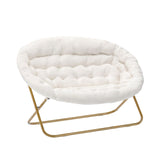 English Elm 56" Portable Folding Double Saucer Chair in Ivory Faux Shearling with a Soft Gold Steel Frame for Dorm, Living Room, or Bedroom