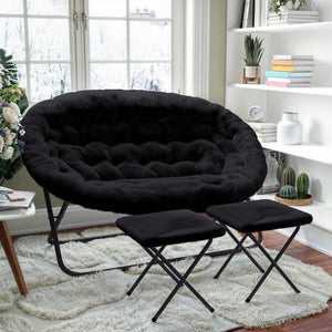 English Elm 56" Portable Folding Double Saucer Chair with 2 Folding Ottomans Faux Fur with a Steel Frame for Dorm or Bedroom