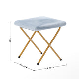 English Elm 56" Portable Folding Double Saucer Chair with 2 Folding Ottomans in Dusty Aqua Faux Fur with a Soft Gold Steel Frame for Dorm or Bedroom