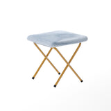 English Elm 56" Portable Folding Double Saucer Chair with 2 Folding Ottomans in Dusty Aqua Faux Fur with a Soft Gold Steel Frame for Dorm or Bedroom