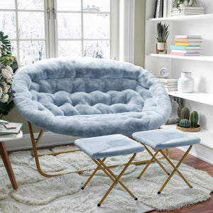 English Elm 56" Portable Folding Double Saucer Chair with 2 Folding Ottomans in Dusty Aqua Faux Fur with a Soft Gold Steel Frame for Dorm or Bedroom