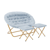 English Elm 56" Portable Folding Double Saucer Chair with 2 Folding Ottomans in Dusty Aqua Faux Fur with a Soft Gold Steel Frame for Dorm or Bedroom