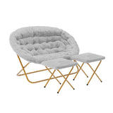 English Elm 56" Portable Folding Double Saucer Chair with 2 Folding Ottomans Faux Fur with a Soft Gold Steel Frame for Dorm or Bedroom