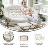 English Elm 56" Portable Folding Double Saucer Chair with 2 Folding Ottomans Ivory Faux Shearling with a Soft Gold Steel Frame for Dorm or Bedroom