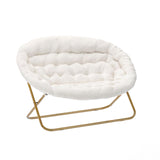 English Elm 56" Portable Folding Double Saucer Chair with 2 Folding Ottomans Ivory Faux Shearling with a Soft Gold Steel Frame for Dorm or Bedroom