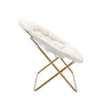 English Elm 56" Portable Folding Double Saucer Chair with 2 Folding Ottomans Ivory Faux Shearling with a Soft Gold Steel Frame for Dorm or Bedroom