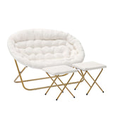 English Elm 56" Portable Folding Double Saucer Chair with 2 Folding Ottomans Ivory Faux Shearling with a Soft Gold Steel Frame for Dorm or Bedroom