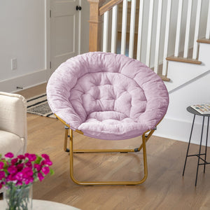 English Elm 38" Oversize Portable Faux Fur Folding Saucer Moon Chair for Dorm and Bedroom, Dusty Faux Fur/Soft Gold Frame