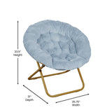 English Elm 38" Oversize Portable Faux Fur Folding Saucer Moon Chair with Folding Ottoman for Dorm and Bedroom, Dusty Aqua Faux Fur/Soft Gold Frame