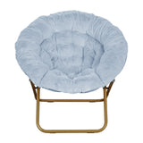 English Elm 38" Oversize Portable Faux Fur Folding Saucer Moon Chair with Folding Ottoman for Dorm and Bedroom, Dusty Aqua Faux Fur/Soft Gold Frame