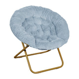 English Elm 38" Oversize Portable Faux Fur Folding Saucer Moon Chair with Folding Ottoman for Dorm and Bedroom, Dusty Aqua Faux Fur/Soft Gold Frame