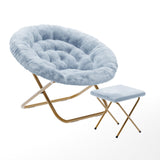 English Elm 38" Oversize Portable Faux Fur Folding Saucer Moon Chair with Folding Ottoman for Dorm and Bedroom, Dusty Aqua Faux Fur/Soft Gold Frame