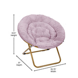 English Elm 38" Oversize Portable Faux Fur Folding Saucer Moon Chair with Folding Ottoman for Dorm and Bedroom, Dusty Faux Fur/Soft Gold Frame