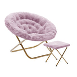 English Elm 38" Oversize Portable Faux Fur Folding Saucer Moon Chair with Folding Ottoman for Dorm and Bedroom, Dusty Faux Fur/Soft Gold Frame