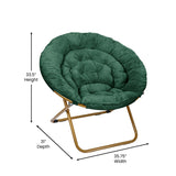 English Elm 38" Oversize Portable Faux Fur Folding Saucer Moon Chair with Folding Ottoman for Dorm and Bedroom, Emerald Faux Fur/Soft Gold Frame