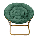 English Elm 38" Oversize Portable Faux Fur Folding Saucer Moon Chair with Folding Ottoman for Dorm and Bedroom, Emerald Faux Fur/Soft Gold Frame