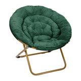 English Elm 38" Oversize Portable Faux Fur Folding Saucer Moon Chair with Folding Ottoman for Dorm and Bedroom, Emerald Faux Fur/Soft Gold Frame