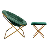 English Elm 38" Oversize Portable Faux Fur Folding Saucer Moon Chair with Folding Ottoman for Dorm and Bedroom, Emerald Faux Fur/Soft Gold Frame