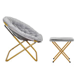 English Elm 38" Oversize Portable Faux Fur Folding Saucer Moon Chair with Folding Ottoman for Dorm and Bedroom, Faux Fur/Soft Gold Frame