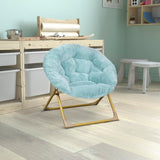 English Elm 23" Kids Cozy Mini Folding Saucer Chair, Faux Fur Moon Chair for Toddlers and Bedroom, Dusty Aqua/Soft Gold