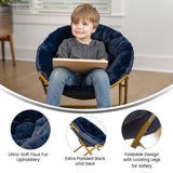 English Elm 23" Kids Cozy Mini Folding Saucer Chair, Faux Fur Moon Chair for Toddlers and Bedroom, Navy/Soft Gold