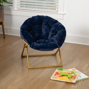 English Elm 23" Kids Cozy Mini Folding Saucer Chair, Faux Fur Moon Chair for Toddlers and Bedroom, Navy/Soft Gold