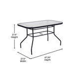 English Elm Commercial Grade Commercial Grade 27.5" x 47.25" Rectangular Patio Table with Tempered Glass Top with Umbrella Hole and Steel Tube Frame in