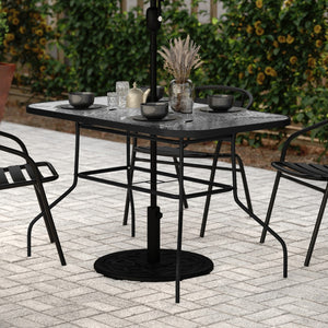 English Elm Commercial Grade Commercial Grade 27.5" x 47.25" Rectangular Patio Table with Tempered Glass Top with Umbrella Hole and Steel Tube Frame in