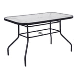 English Elm Commercial Grade Commercial Grade 27.5" x 47.25" Rectangular Patio Table with Tempered Glass Top with Umbrella Hole and Steel Tube Frame in