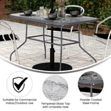 English Elm Commercial Grade Commercial Grade 27.5" x 47.25" Rectangular Patio Table with Tempered Glass Top with Umbrella Hole and Steel Tube Frame in Silver