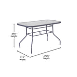 English Elm Commercial Grade Commercial Grade 27.5" x 47.25" Rectangular Patio Table with Tempered Glass Top with Umbrella Hole and Steel Tube Frame in Silver