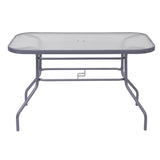 English Elm Commercial Grade Commercial Grade 27.5" x 47.25" Rectangular Patio Table with Tempered Glass Top with Umbrella Hole and Steel Tube Frame in Silver