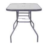 English Elm Commercial Grade Commercial Grade 27.5" x 47.25" Rectangular Patio Table with Tempered Glass Top with Umbrella Hole and Steel Tube Frame in Silver