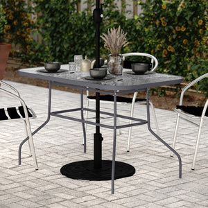 English Elm Commercial Grade Commercial Grade 27.5" x 47.25" Rectangular Patio Table with Tempered Glass Top with Umbrella Hole and Steel Tube Frame in Silver