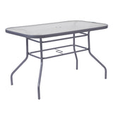 English Elm Commercial Grade Commercial Grade 27.5" x 47.25" Rectangular Patio Table with Tempered Glass Top with Umbrella Hole and Steel Tube Frame in Silver