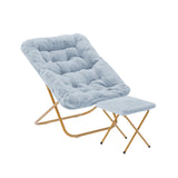 English Elm 28" Oversized Portable Faux Fur Folding Saucer Chair with Folding Ottoman for Dorm, Bedroom, Dusty Aqua Faux Fur/Soft Gold Frame