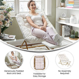 English Elm 28" Oversized Portable Faux Shearling Folding Saucer Chair with Folding Ottoman for Dorm, Bedroom, Ivory Faux Shearling/Soft Gold Frame