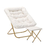 English Elm 28" Oversized Portable Faux Shearling Folding Saucer Chair with Folding Ottoman for Dorm, Bedroom, Ivory Faux Shearling/Soft Gold Frame