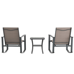English Elm 3 Piece Outdoor Rocking Chair Bistro Set with Flex Comfort Material and Steel Framed Glass Top Table, /Black